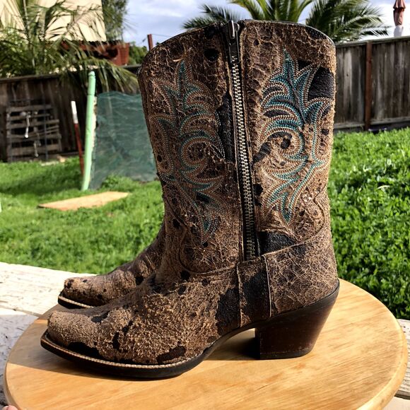 ARIAT Boot Womens Sz 6 Turquoise Corral Cow Print Western Cowgirl Leather Snip - Picture 6 of 16
